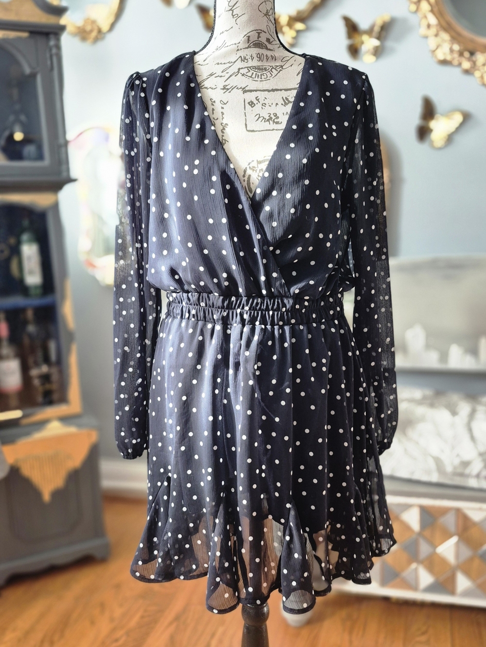 Black Semi-Sheer Polka Dot Long-Sleeve Wrap Dress Large